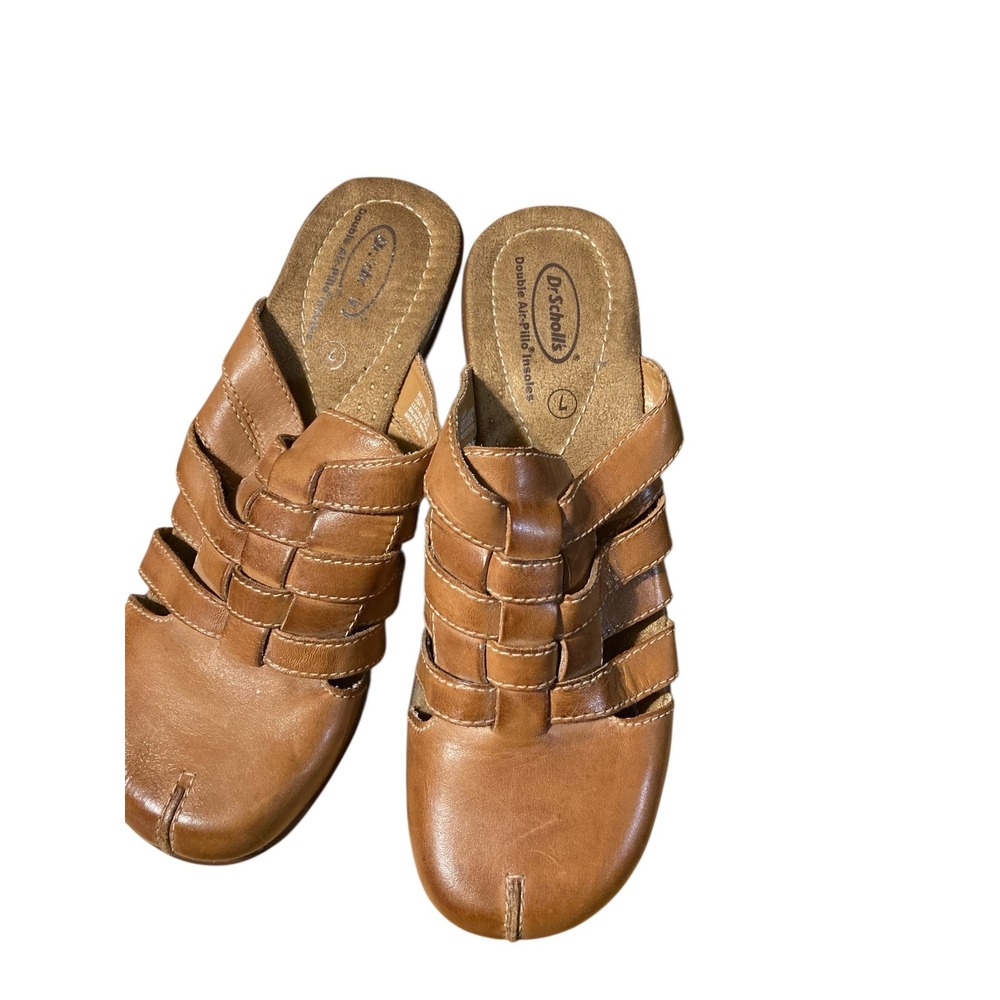 Dr. Scholls Brenna Tan‎ Leather Woven Mules Slides Double Air-Pillo Brown Womens